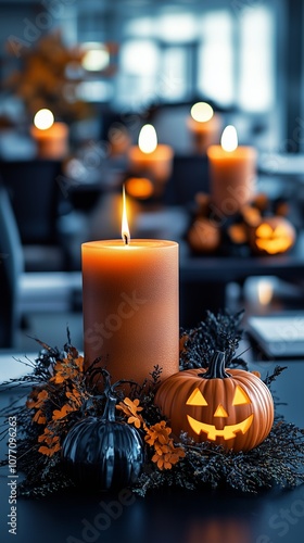 Office Space Featuring Minimal Halloween Decorations with Elegant Candle Arrangements and Dark Tones.