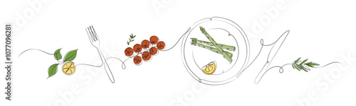 Vegetables linear silhouette illustration with lemon, fork, tomatoes, plate, asparagus, rosemary, knife drawing with color on white background
