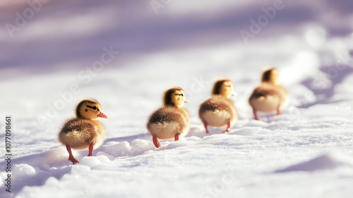 Four ducklings walking in the snowy landscape. photo