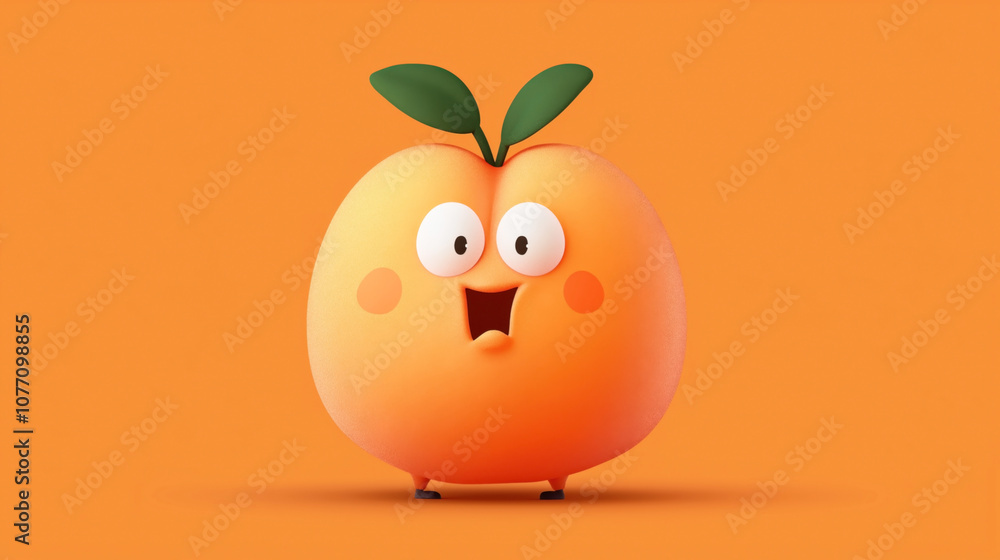 3D illustration of a cute, cartoon-style peach character with eyes, mouth, and green leaves on an orange background.