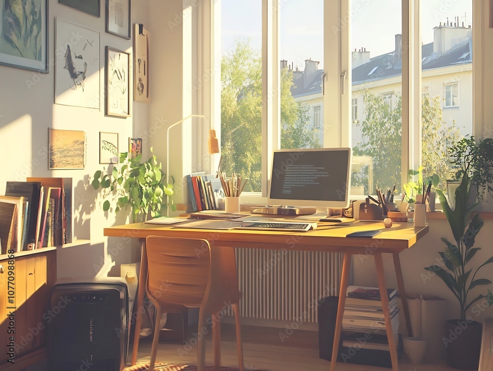Cozy Home Learning Setup with Ergonomic Desk and Natural Lighting in Scandinavian Design Cozy Home Learning Setup with Ergonomic Desk and Natural Lighting in Scandinavian Design