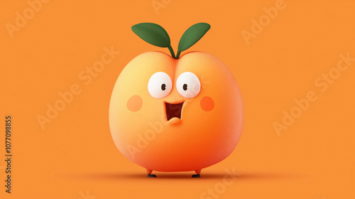 Obraz na płótnie 3D illustration of a cute, cartoon-style peach character with eyes, mouth, and green leaves on an orange background. w salonie