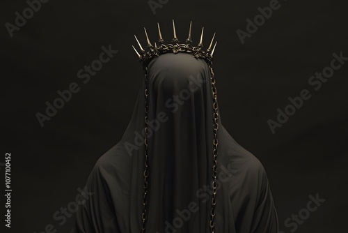 Close-up of a gothic-inspired Asian cult figure, draped in a dark, flowing cloak, with chains wrapped around the body, featuring a mysterious and eerie aura, set against a shadowy background photo