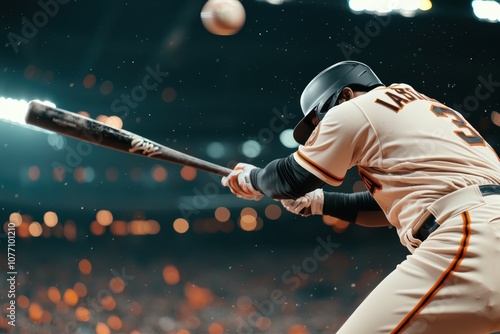 Dynamic swing captured in a baseball game, player in focus with blurred cheering audience and stadium glow enhancing the excitement photo