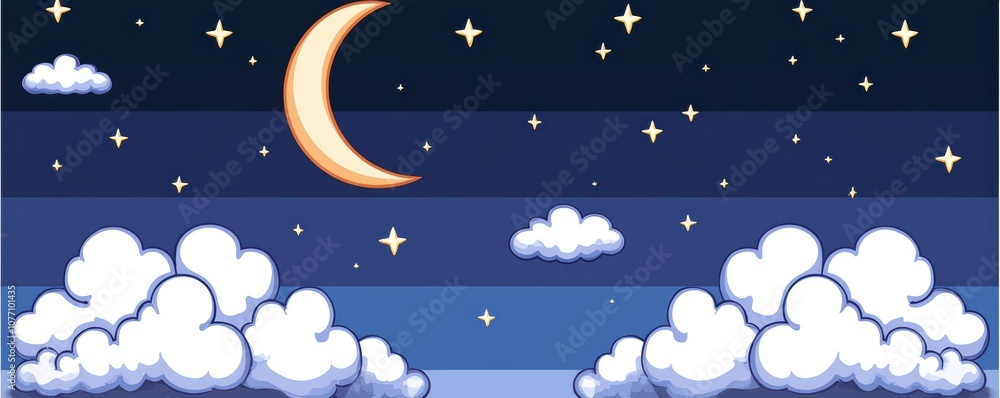 Naklejka premium Ethereal moonlight illuminating fluffy clouds, surrounded by twinkling stars in a deep blue sky