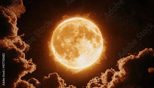 Full moon glowing brightly amidst dramatic clouds and a star-filled night sky, serene and magical atmosphere