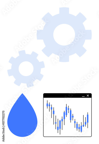 Gears, water droplet, financial chart with candlesticks. Ideal for technology, engineering, industrial design, environmental sustainability, market analysis, financial growth mechanical processes