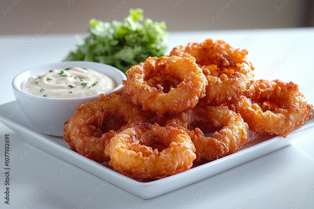 Crispy fried pickles are arranged neatly pristine white plate served bowl creamy ranch dip and garnished fresh green herbs. Crispy fried pickles are arranged neatly pristine white plate served bowl creamy ranch dip and garnished fresh green herbs.