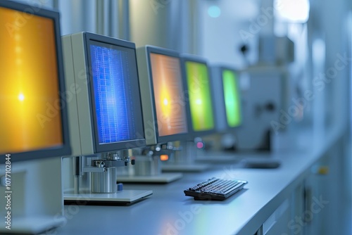 Wallpaper Mural Dynamic lighting illuminates advanced surplus measurement tools in a high-tech lab, featuring vibrant colors and interactive interfaces. Torontodigital.ca