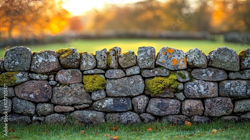 A rustic stone wall adorned with moss and lichen, set against a blurred natural backdrop. photo