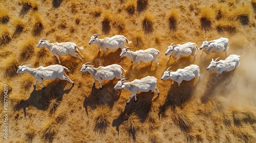 Aerial view of goats searching for grass in dry lands, a stark reminder of the impact of climate change on natural habitats and resources photo