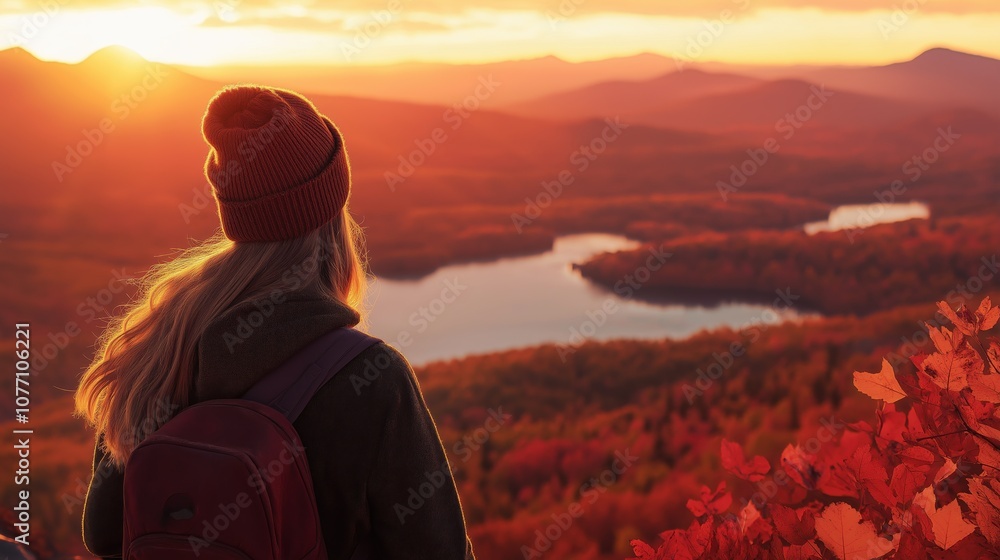 Fototapeta premium A person sits atop a rocky overlook, captivated by the vibrant colors of sunset reflecting on a tranquil lake, surrounded by fiery autumn foliage.