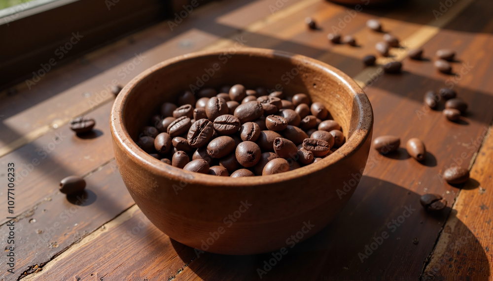 Fototapeta premium Wooden bowl filled with roasted coffee beans, warm sunlight creating a cozy atmosphere