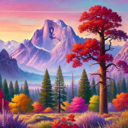 A digital painting of a mountain with a tree in the foreground