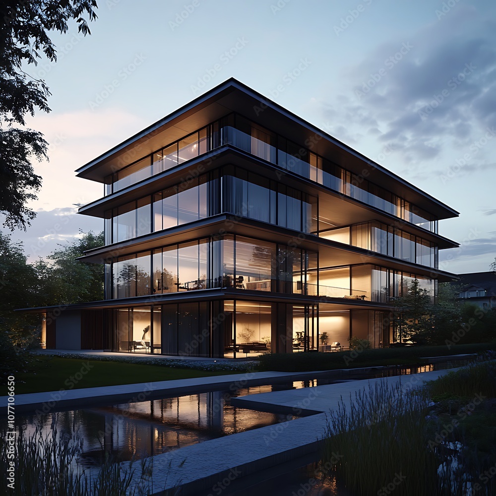 Fototapeta premium Modern building with sleek architectural design overlooking cityscape at dusk