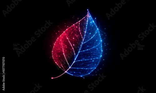 Digital Leaf with Glowing Red and Blue Lights in Low Poly Wire Frame Design photo