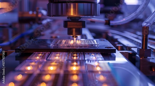 Pick and place machines extract tiny silicon dies from semiconductor wafers and attach them to substrates. This is part of the manufacturing process for computer chips at semiconductor facilities. photo