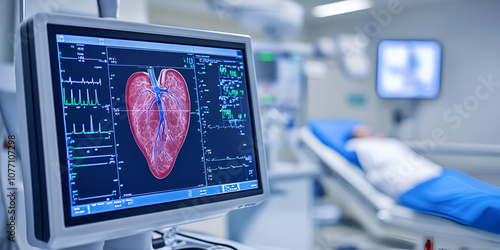 Cardiac Catheterization Procedure:  A close-up shot of a medical monitor displaying a 3D rendering of a heart during a cardiac catheterization procedure, with a blurred patient in the background.