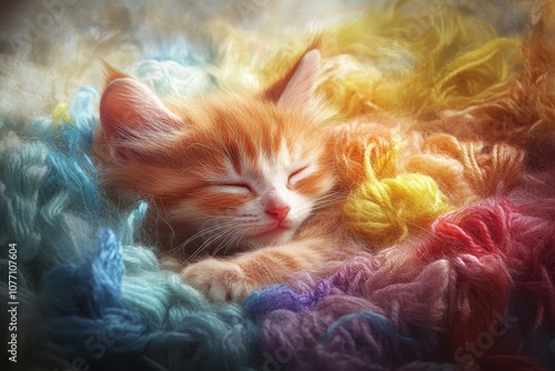 Adorable ginger kitten peacefully sleeping on a vibrant, colorful yarn blanket, embodying warmth, comfort, and tranquility. photo