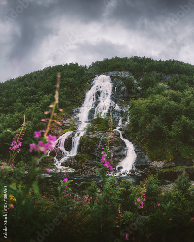 Flesefossen waterfall with colorfull plants (Flesefossen - Ryfylke - Norway) photo