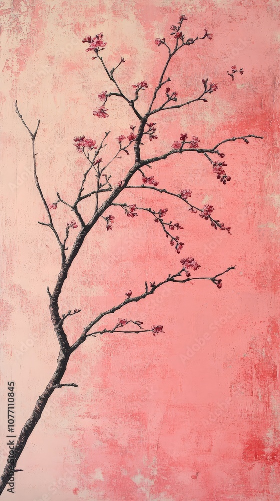 Obraz premium Delicate cherry blossom branch against soft pink background with minimalistic design