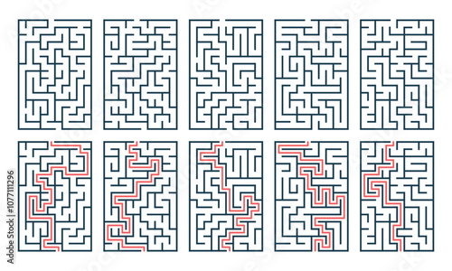 Maze set with a solution. Game for kids. Vector Labyrinth, conundrum.  Puzzle for children. Find the right path. Maze for books, print, family activity.