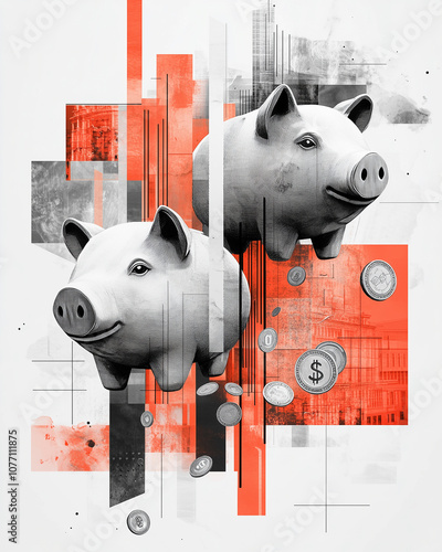 Artistic collage of piggy bank with coins, gray and orange color, grid pattern, saving concept