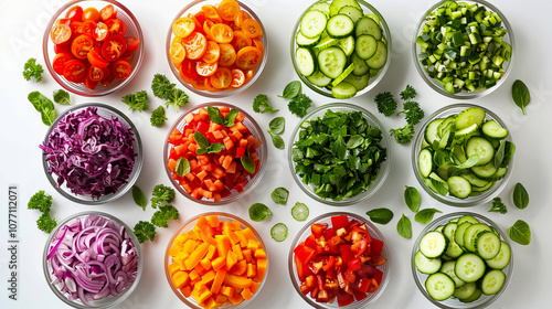 Fresh vegetable salad bowls with diverse colorful ingredients isolated on white background photo