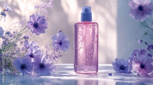 A bottle of shampoo surrounded by violet flowers on the purple background.