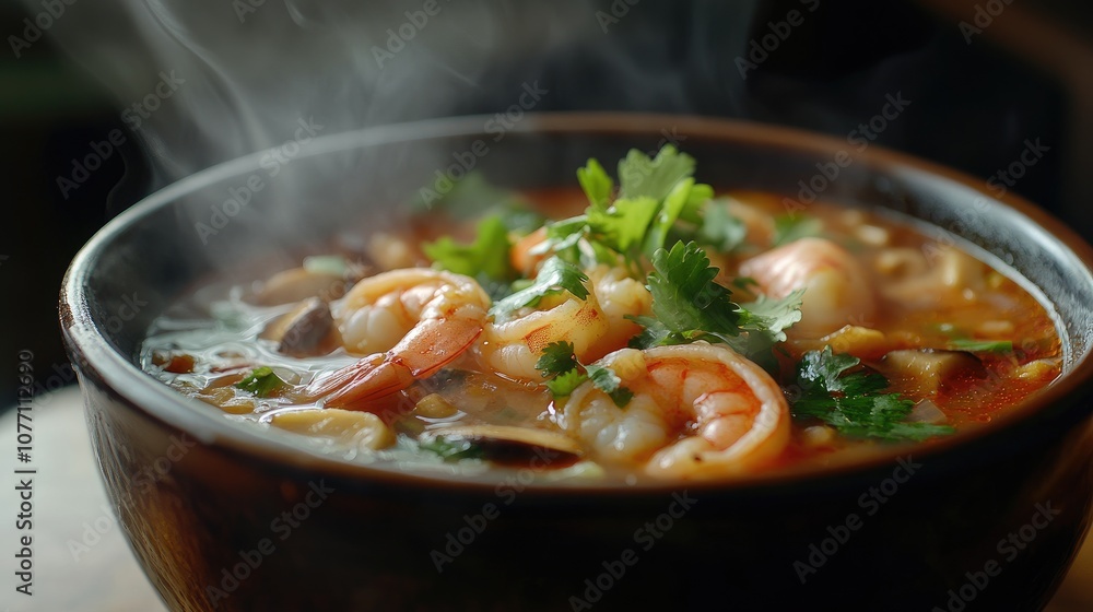 Delicious hot shrimp soup in a rustic bowl, topped with fresh herbs and steam rising, showcasing a tantalizing meal perfect for culinary enthusiasts and food lovers. Delicious hot shrimp soup in a rustic bowl, topped with fresh herbs and steam rising, showcasing a tantalizing meal perfect for culinary enthusiasts and food lovers.