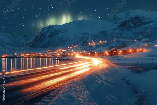 Northern lights illuminating snowy mountain village and winding road with car light trails