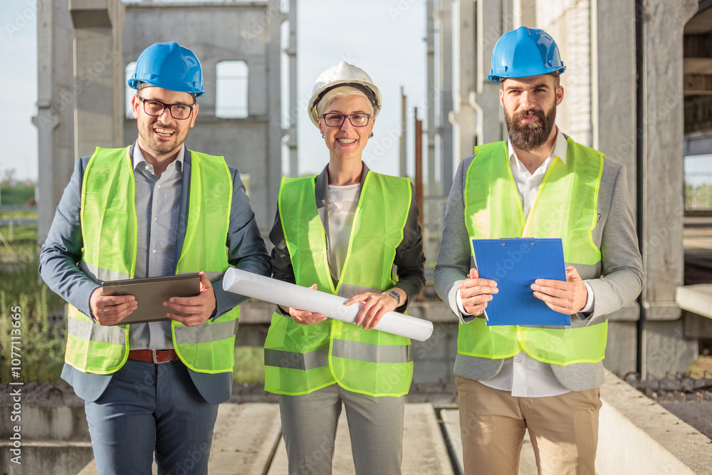 Mixed group of young Caucasian architects or engineers visiting construction site, looking directly at camera