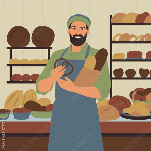 Bakery shop with seller, store interior with bread and pie, cookie, bun on shelves and table. Bearded professional baker standing at counter with paper bag of baked goods cartoon vector illustration