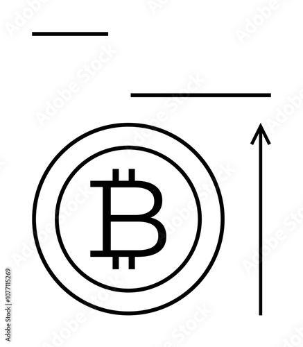 Bitcoin symbol encircled upward arrow and straight lines symbolize growth, investment, and technology. Ideal for finance, cryptocurrency, digital money, economic trends, minimalism, innovation