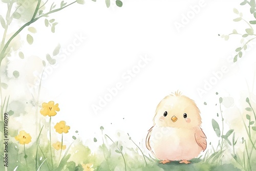 Cute chick in a colorful meadow with flowers, white isolate background