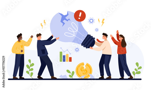 Bad business idea, project failure and loss of money. Tiny people holding broken light bulb with crack, have no motivation after solution fail and financial crisis cartoon vector illustration