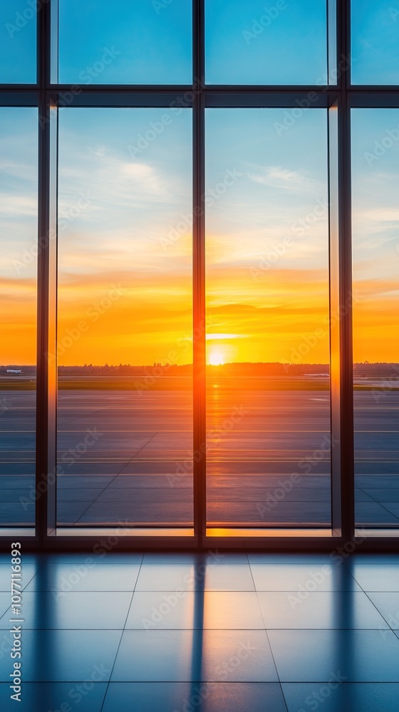 Fototapeta premium A vibrant sunset viewed through large windows at an airport, with rich colors illuminating the sky and reflecting on the floor.