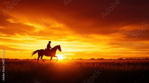 Silhouette of a rider on horseback against a vibrant sunset. photo