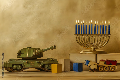 A nostalgic scene featuring a toy tank, wooden blocks, and a menorah with lit candles. photo