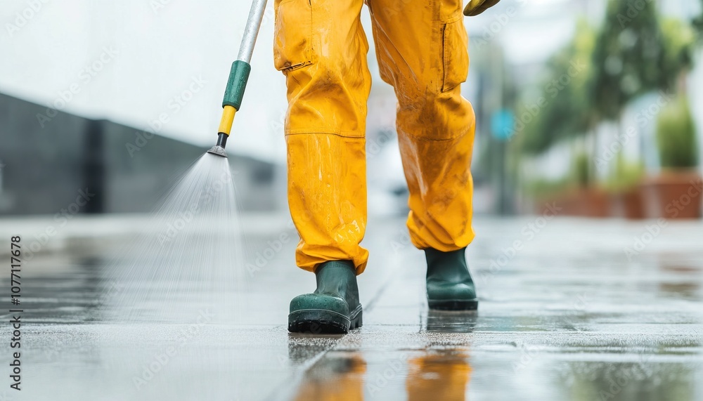 Obraz premium A worker in yellow protective clothing spray cleans a wet surface, showcasing effective cleaning techniques in an outdoor setting.