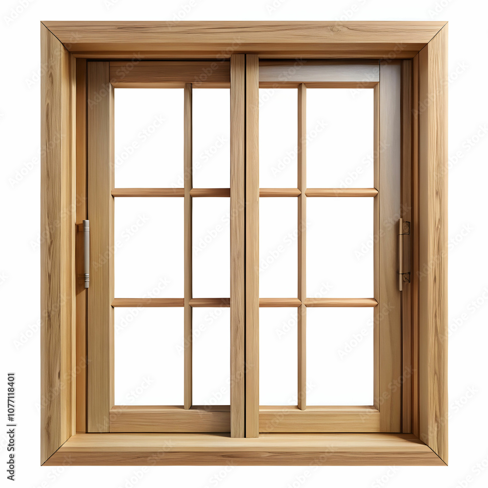 Fototapeta premium A wooden window design without glass showcases natural wood grain, framed against a crisp white background.