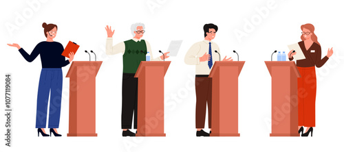 Public speech of speakers at podium set. Politicians, lecture presenter and leader talk at tribune with microphones, young and old characters speaking in front of audience cartoon vector illustration