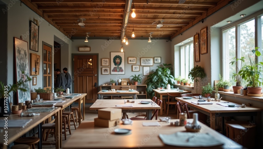 Cozy interior of a bright craft room with plants, wooden furniture, and art supplies under natural light. Generative, AI,