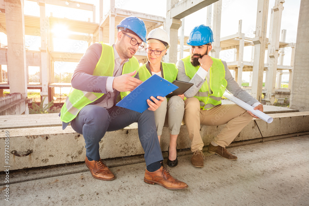 Team of successful young architects and business partners having a meeting on a construction site. Looking at building floor plans