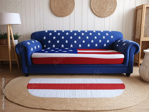 Loft-style interior with an emphasis on American themes. The central element of the composition is a vintage US flag against a concrete wall. photo