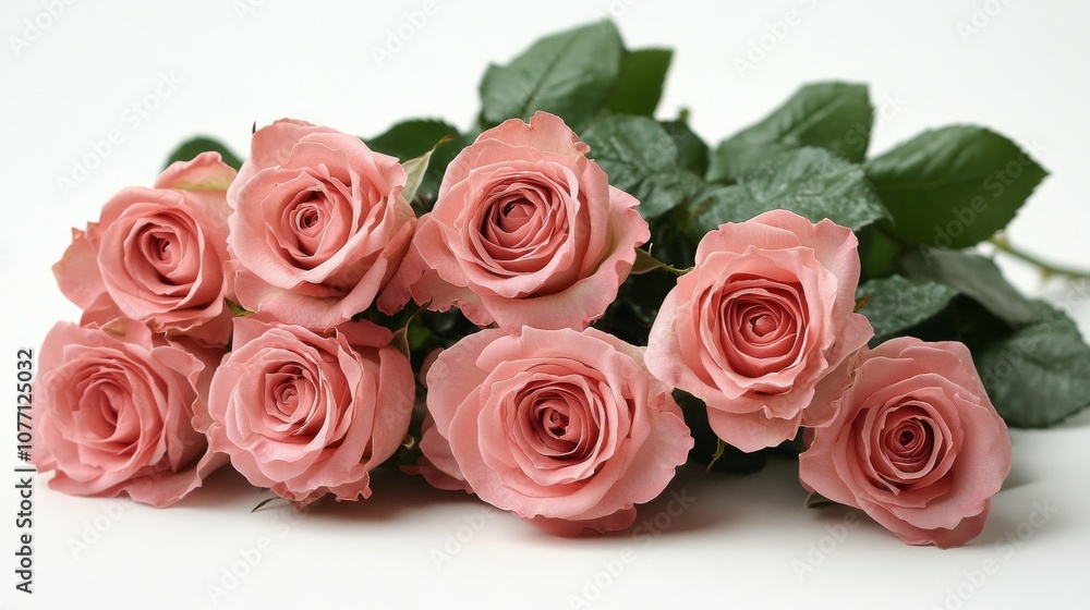 Fototapeta premium A beautiful arrangement of six pink roses with green leaves placed on a white background