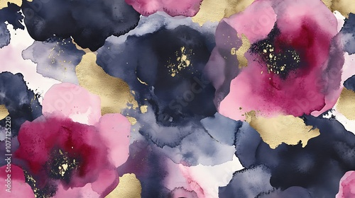 Abstract Watercolor Painting with Pink, Burgundy, and Blue Shapes and Gold Accents