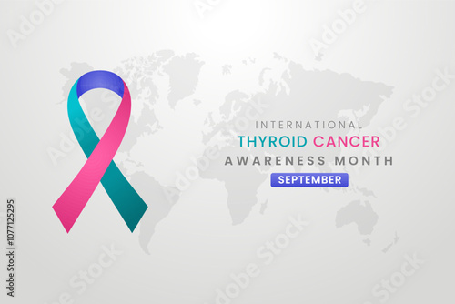 Thyroid cancer awareness illustration on white background with teal, pink and blue color ribbon.