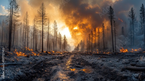 Charred trees and thick smoke remain after a forest fire has ravaged the once lush area photo