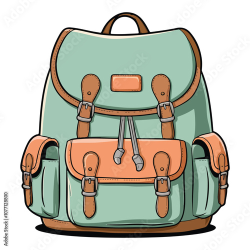 Vintage style mint green backpack with brown leather accents